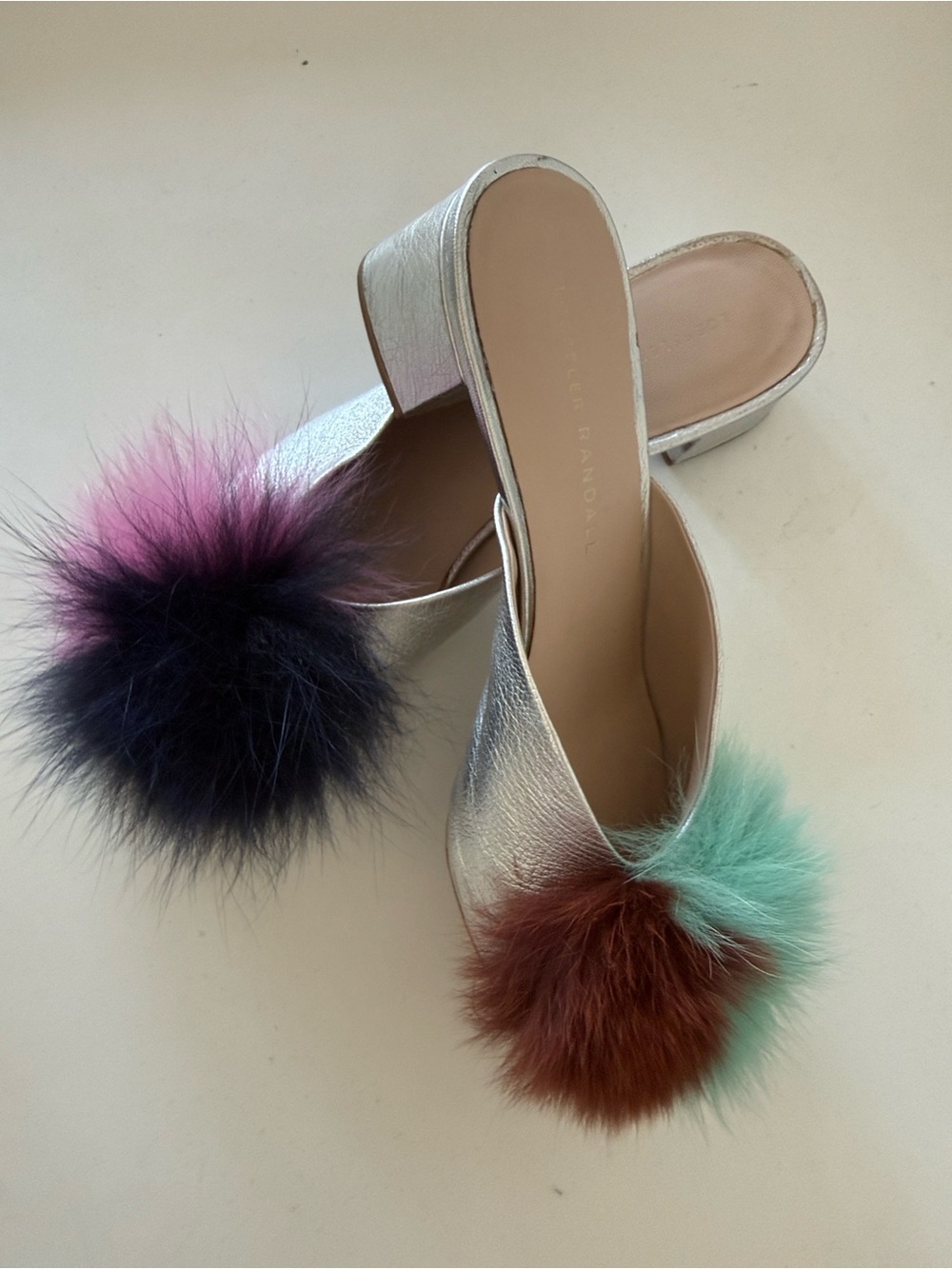 Loeffler Randall Silver Slide Mules with Multicolor Fur Poms